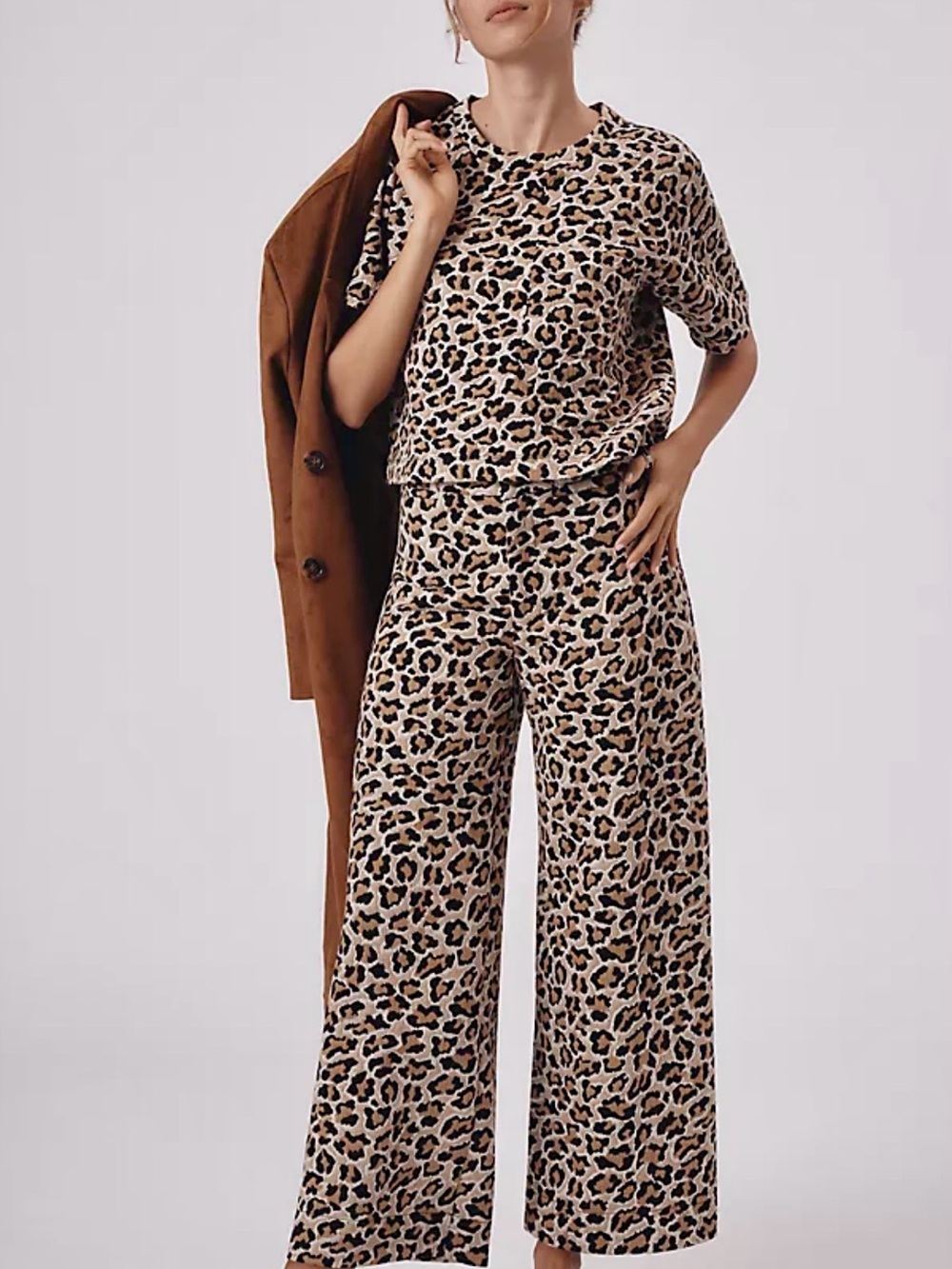 Maeve Beige & Black Leopard-Print Wide Leg Pants Matching Set Pants 27 Top M